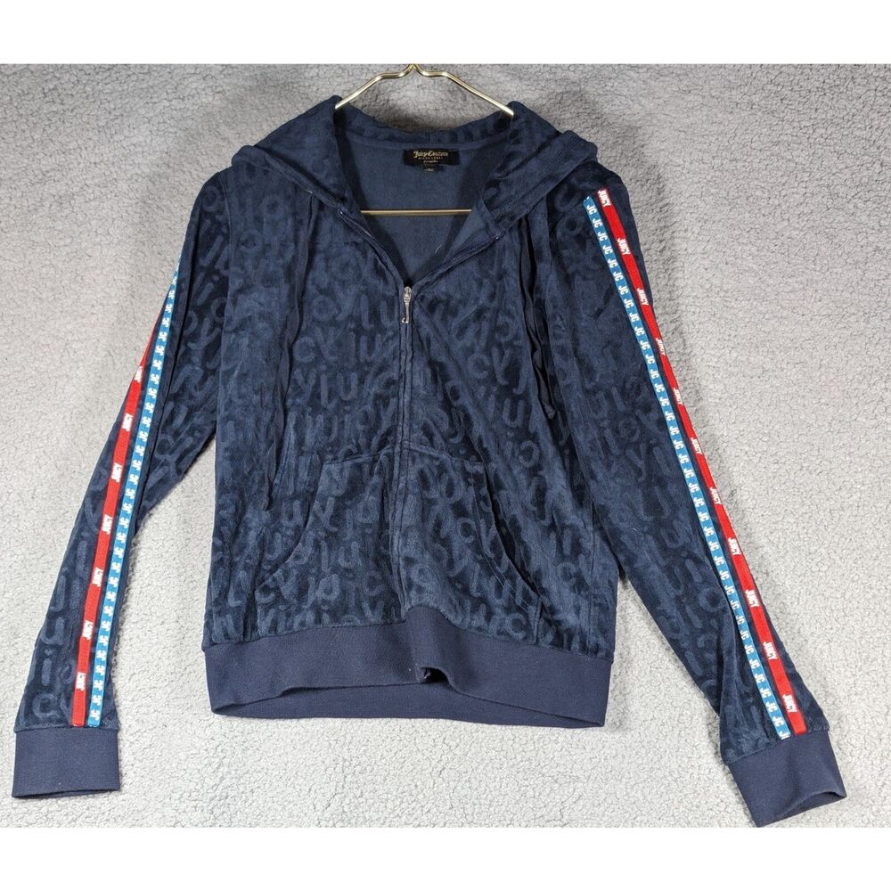 Juicy Couture Hoodie Womens Size Medium Red White Blue Black Label Terry Cloth